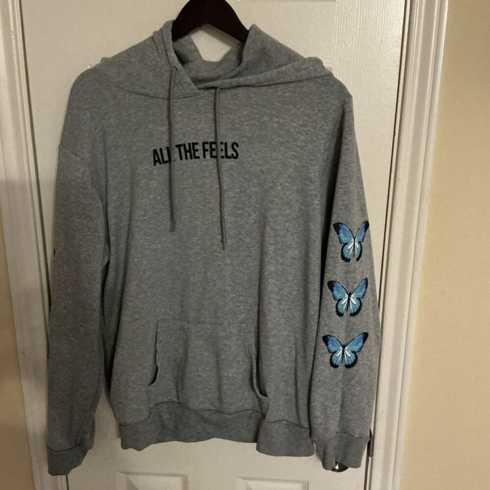 Streetwear Society Women's Gray Blue Hoodie XL Pullover Butterfly Graphic